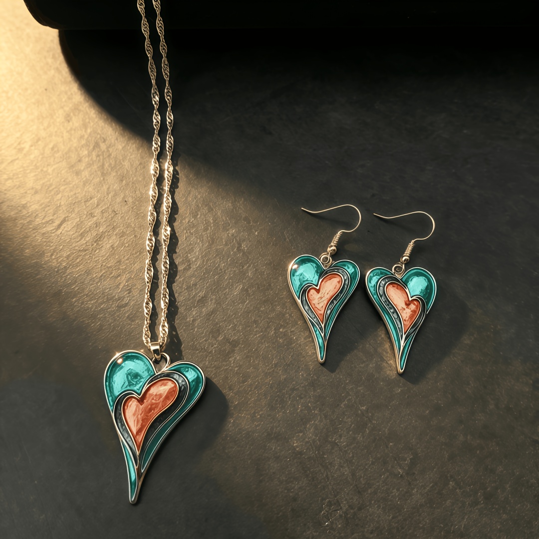 3pc Bohemian Y2K French Layered Heart Necklace & Earrings Set